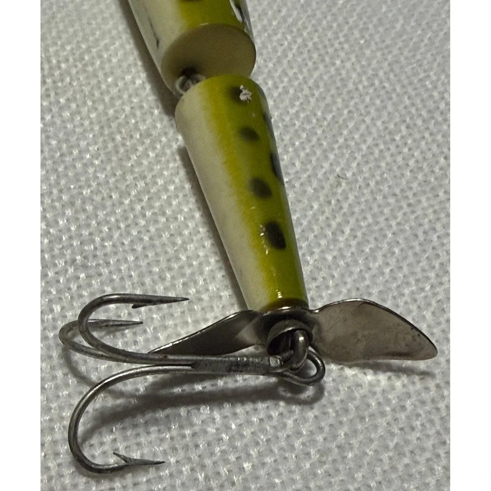 Vintage Jointed Wood Fishing Lure Yellow Green Spotted Propeller Bait NB042